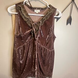POL Velvet Lace-Trimmed Tank Top in Rich Brown
